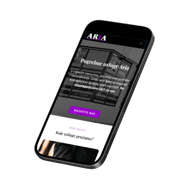 Pogrebno Aria, prikaz web stranice na mobitelu